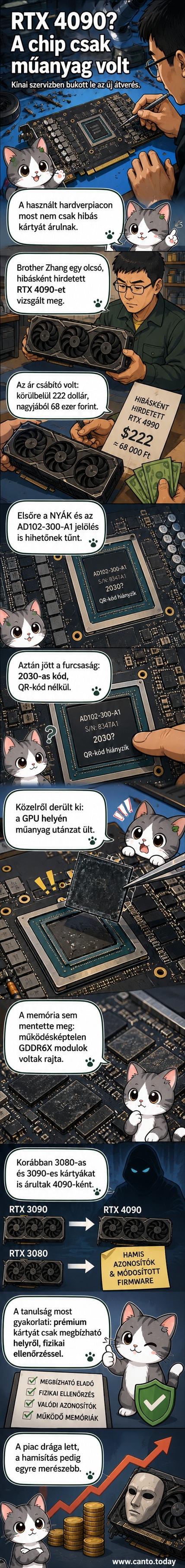 Egy nyitott GeForce RTX 4090 videokártya, amelynek közepén műanyagból készült, hitelesnek mutatkozó grafikus processzor látható