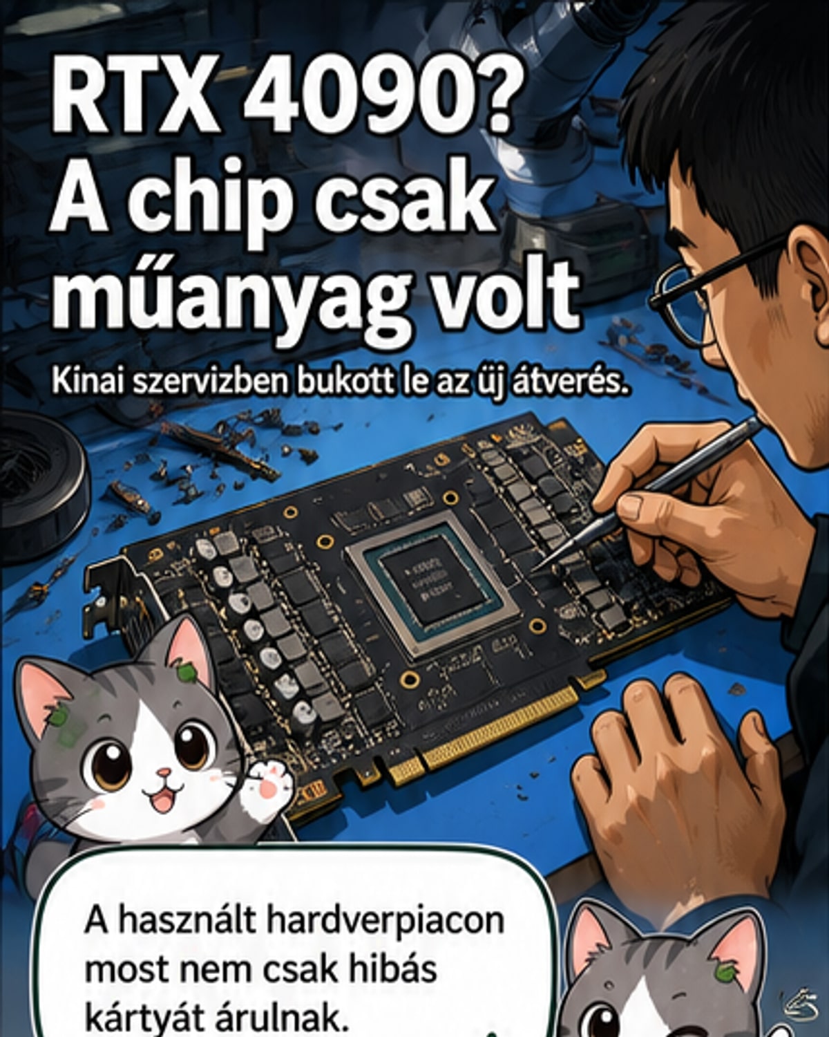 Egy nyitott GeForce RTX 4090 videokártya, amelynek közepén műanyagból készült, hitelesnek mutatkozó grafikus processzor látható