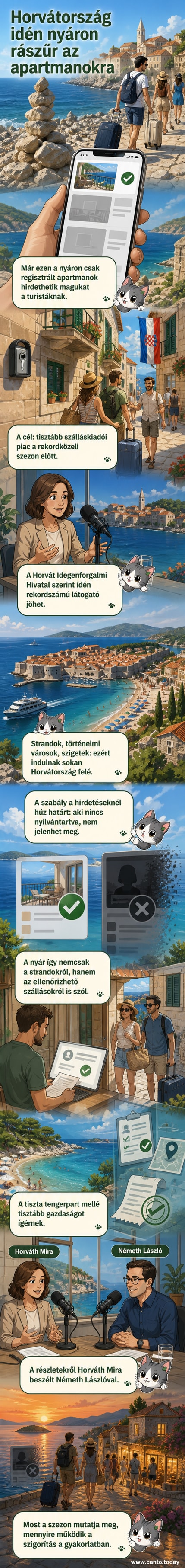 Horvát tengerparti város, szállások sorakoznak a part mentén, egy tábla hirdeti: 'Csak regisztrált szállások engedélyezettek'.