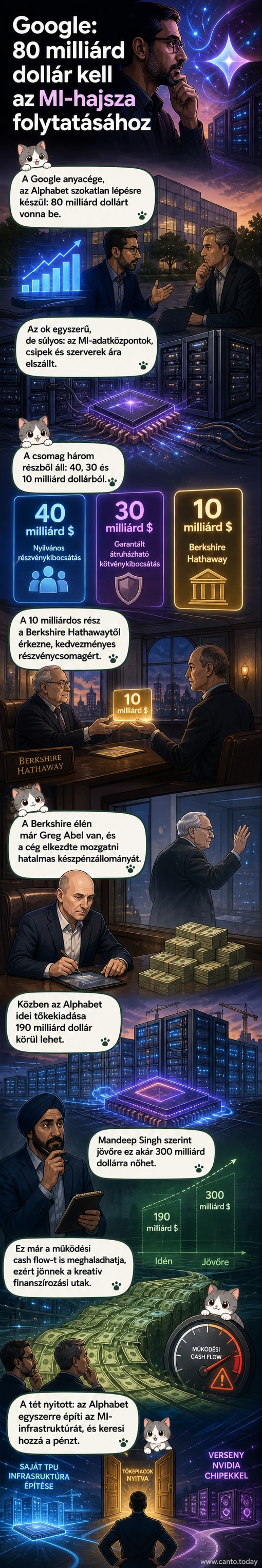 A Google logója mellett pénzfeldobás és mesterséges intelligencia ikonok, hátterben részvényindex grafikon