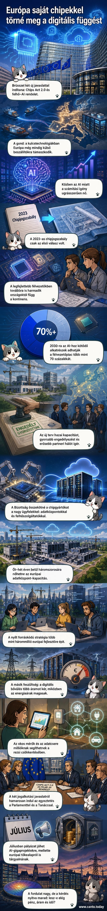 Európa térképe digitális hálózatokkal és chipekkel, amelyeken keresztül az EU megpróbálja megerősíteni technológiai szuverenitását.