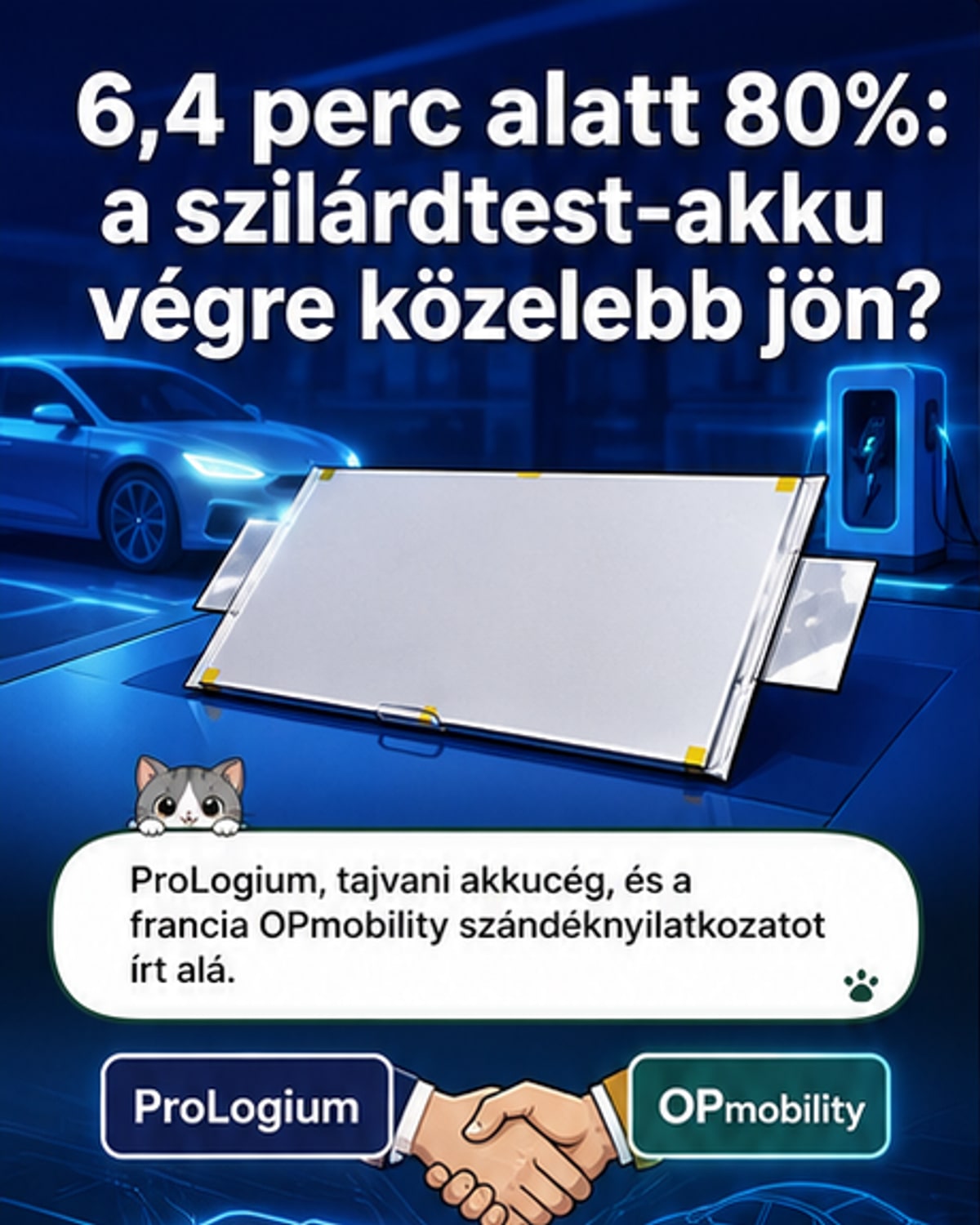 Szilárdtest-akkumulátor cellák és modulok mellett Franciaország térképe, ahol Dunkerque-ben épül a gyár, alatta 6,4 perc és mínusz 20 fok jelzésekkel.