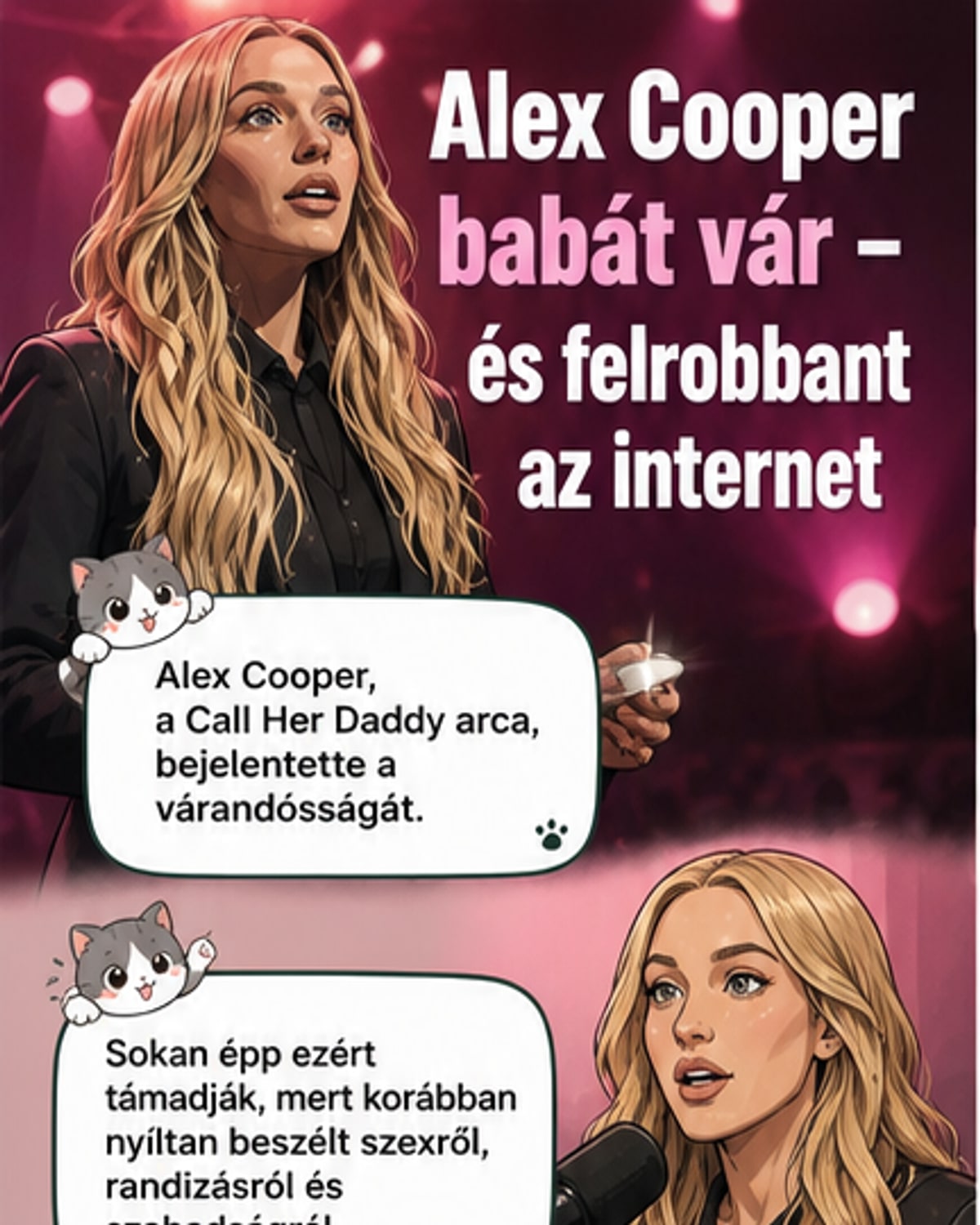 Alex Cooper mosolyogva, terhesen, miközben a 'Call Her Daddy' podcast logója látható a háttérben