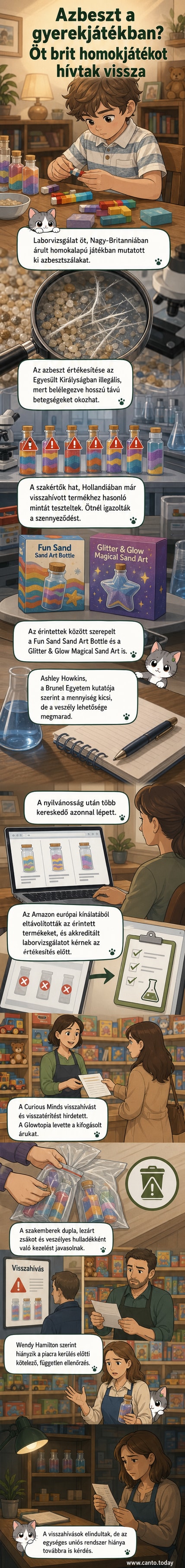 Két színes, homokalapú gyermekjáték doboza mellett figyelmeztető címke: „Azbesztet találtak benne”
