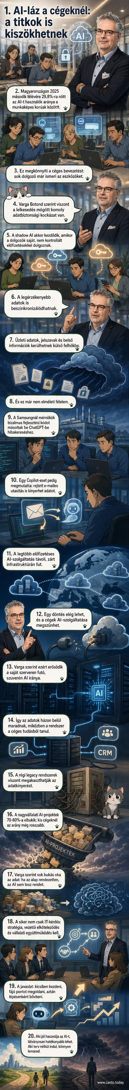 Magyar zászló mellett mesterséges intelligencia ikon, középen felhő és zárolt adatok, hátterben szerverek – szemlélteti az AI-használat növekedését és az adatbiztonsági kockázatokat