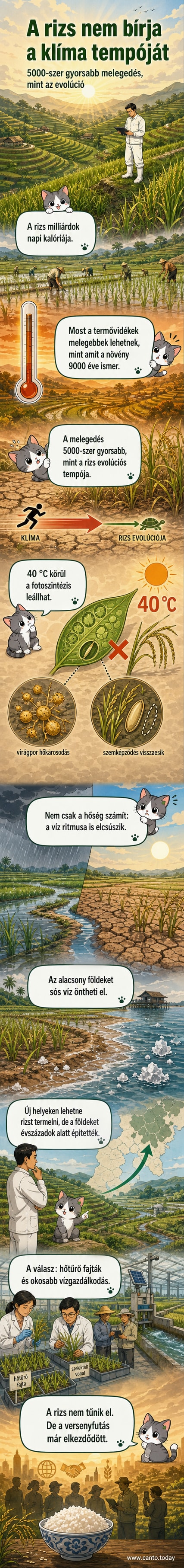 Rizsföld hőségben, a növény levelei elszáradtak, a háttérben forró, száraz talaj és homályos, meleg levegő