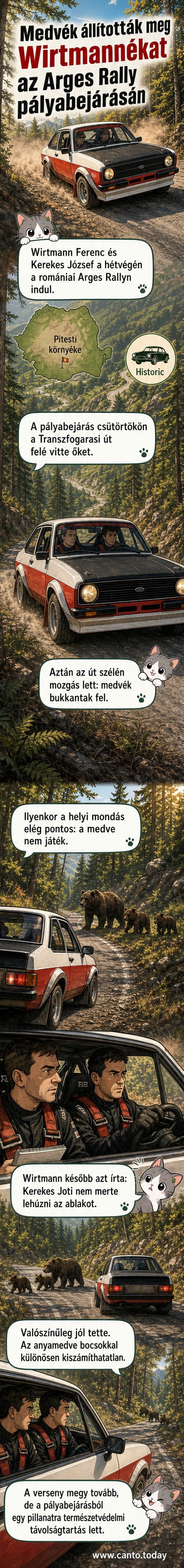 Két autóversenyző egy Ford Escorttal áll az út szélén, míg egy medve és kölyke a közeli erdőből figyeli őket a Transzfogarasi úton.