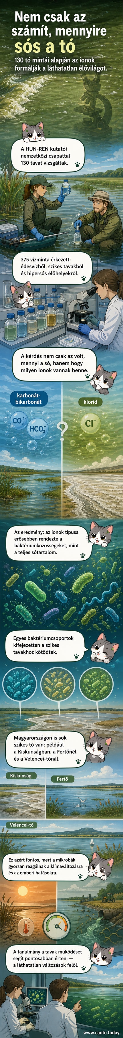 Illusztráció: két tóparti környezet – az egyik szikes, a másik konyhasós – alatt mikroszkopikus baktériumok láthatók különböző összetételben, ionokkal és baktériumcsoportokkal jelölve.
