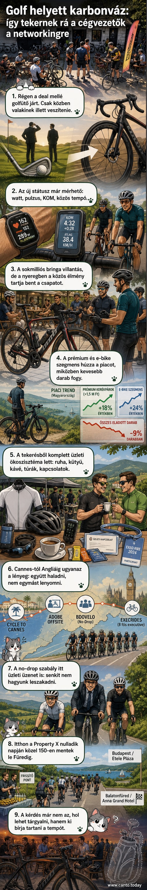Két karbonvázas kerékpáron ülő, öltönyös férfi üdvözli egymást egy hegyi úton, mögöttük városképkel, a kép stílusa karikatúraszerű, webtoonos.