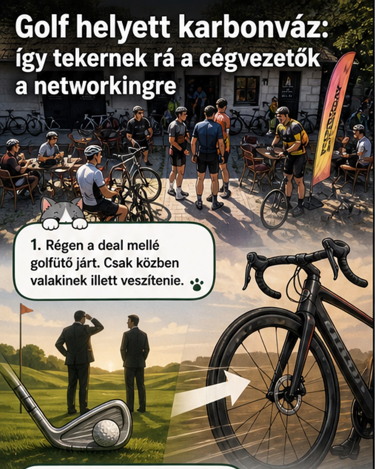 Két karbonvázas kerékpáron ülő, öltönyös férfi üdvözli egymást egy hegyi úton, mögöttük városképkel, a kép stílusa karikatúraszerű, webtoonos.