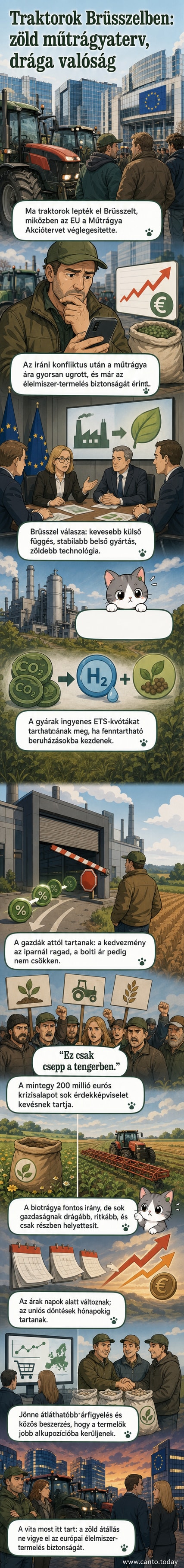 Traktorokkal teli utcák Brüsszelben, mezőgazdák tüntetnek az EU műtrágya-politikája ellen, miközben az Európai Bizottság épülete mögött zöldebb ipari átállásról döntenek.