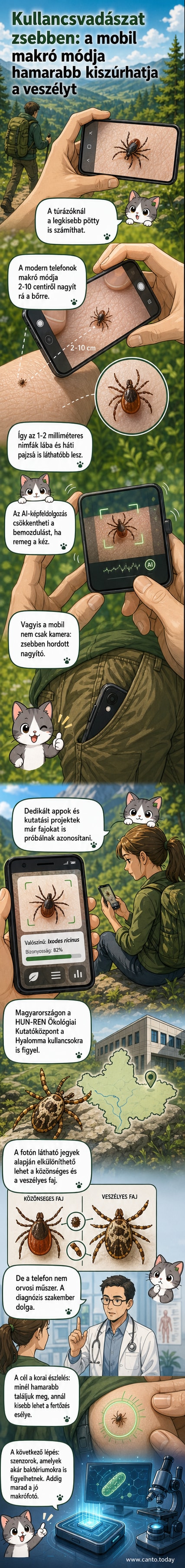 Egy férfi telefonjával vizsgálja a karját, miközben a képernyőn makróképen látható egy apró kullancs a bőrén.
