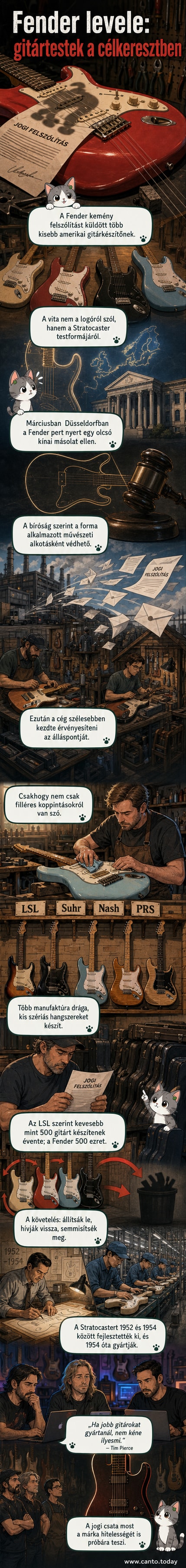 Egy gitáros játszik egy Fender Stratocasteren, a háttérben gitárok sorakoznak egy boltban.