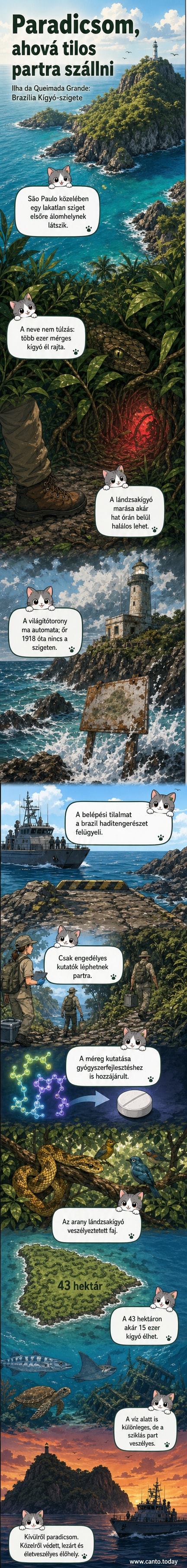 Illusztráció: zöldellő, trópusi sziget, a fák között kígyók tekergőznek, a parton sziklák és sáros kikötőhely látható