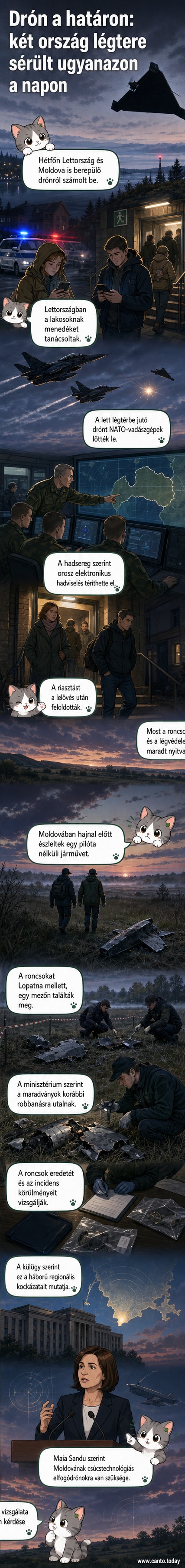 Két ország térképe, amelyen piros nyíl mutatja a drónok behatolásának útvonalát, NATO vadászgépek a levegőben