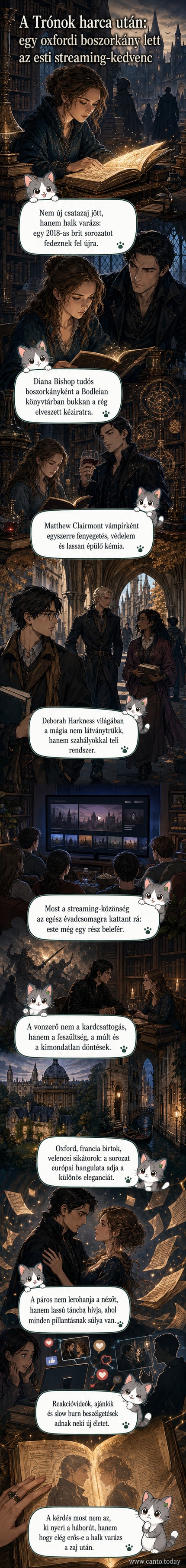 Két főhős, egy nő és egy férfi, komoly tekintettel, régi könyvek között, háttérben ködös, klasszikus épület