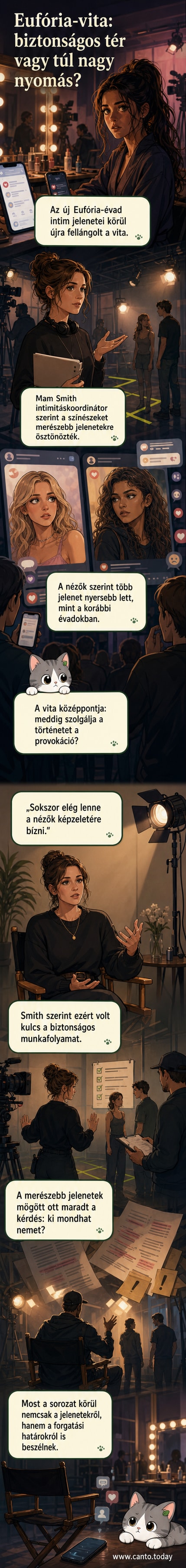 Két nő alakít egy feszült jelenetet egy színpadi szobában, mögöttük kamerák és stábtagok. A kép szimbolizálja az Eufória sorozat intimitási vitáját és a kamera mögötti nyomást.