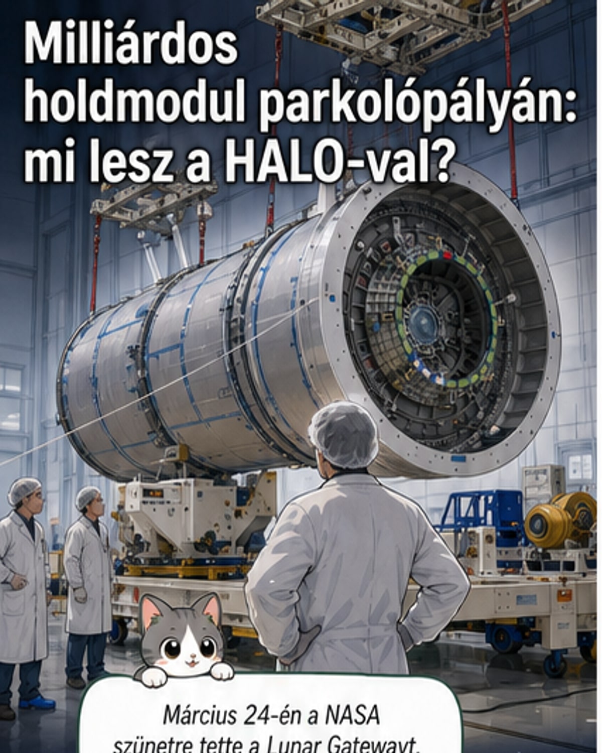 A HALO űrmodul a Northrop Grumman arizonai gyárában, félig kész állapotban, fehér burkolatú hengeres szerkezet, technikusok mellett.