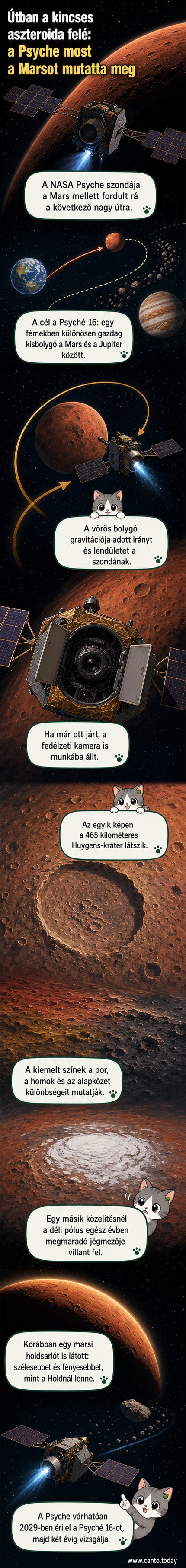 A NASA Psyché űrszondája által készített három marsi felvétel: egy kráter, egy jégmező és egy holdsarló látható.