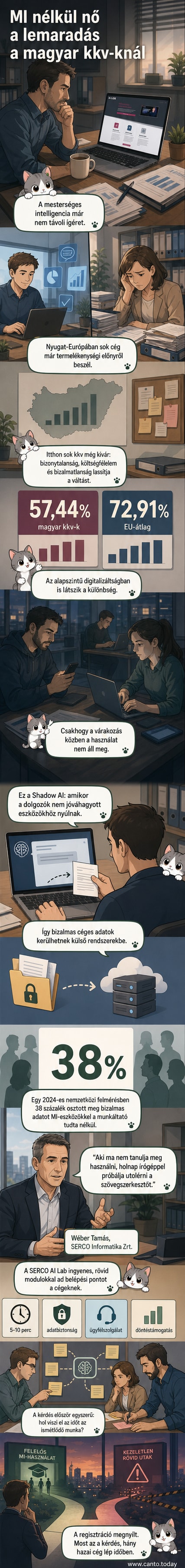 Illusztráció: irodában ülő dolgozók különböző MI-eszközöket használnak, a háttérben egy vezérigazgató gondterhelten figyeli a képernyőn megjelenő adatokat.