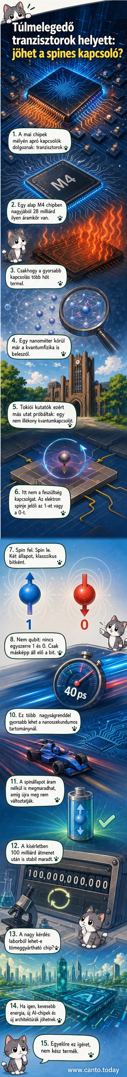 Illusztráció: elektronok spinállapota alapján működő kvantumkapcsoló elem mellett hagyományos tranzisztorok láthatók, grafikusan szemléltetve a különbséget.