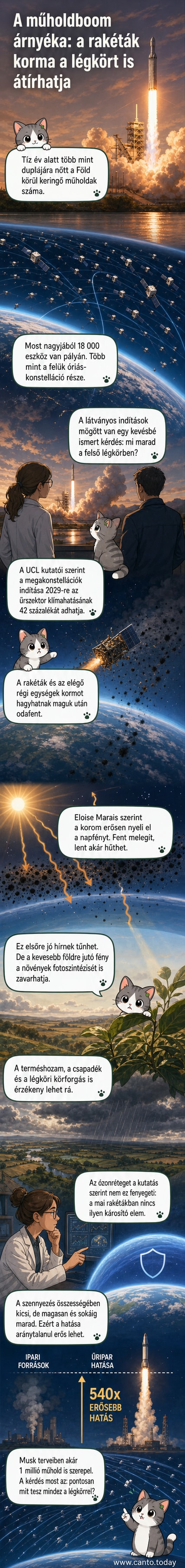 Rakéta felszáll, mögötte füstcsík húzódik az égen, alatta Föld-gömb, a légkör rétegein koromrészecskék láthatók