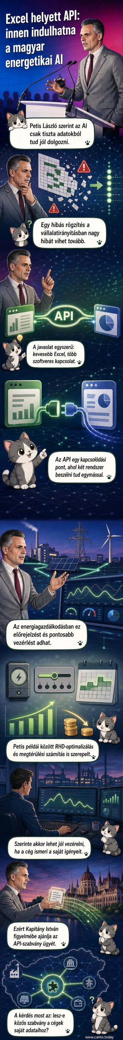 Illusztráció: vezető férfi mutat egy digitális táblára, ahol API és energiaadatok folyama látható, háttérben szerverek és vállalati épület