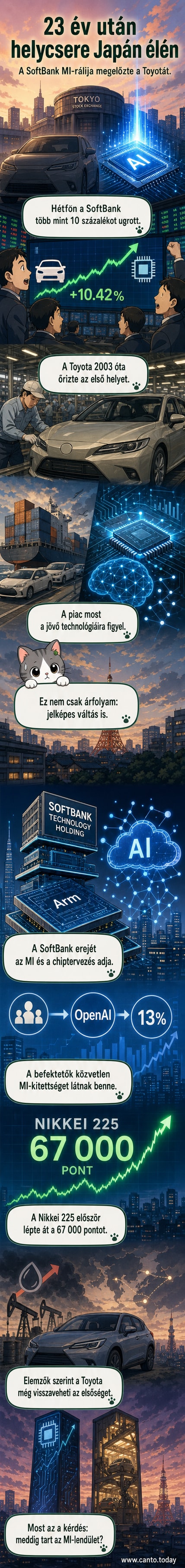 A SoftBank és a Toyota logója egymás mellett, a háttérben tőzsdei grafikon emelkedő trenddel, alul felirat: '23 év után nem a Toyota a legértékesebb japán cég'.