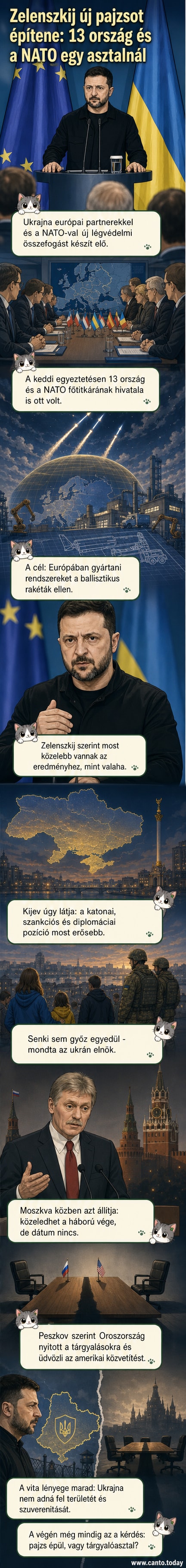 Volodimir Zelenszkij ukrán elnök beszédet tart, mögötte térképen európai országok és a NATO logója látható, jelképezve az új antiballisztikus szövetséget.