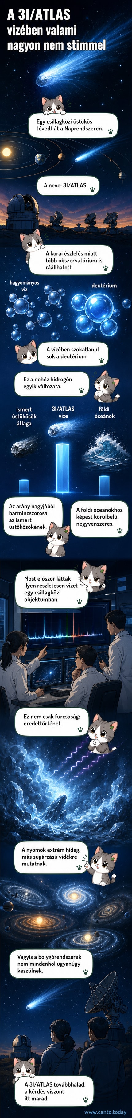 Illusztráció: egy csillagközi üstökös halad át a Naprendszeren, farkában különleges vízmolekulák láthatók, amelyek deutériumot tartalmaznak.