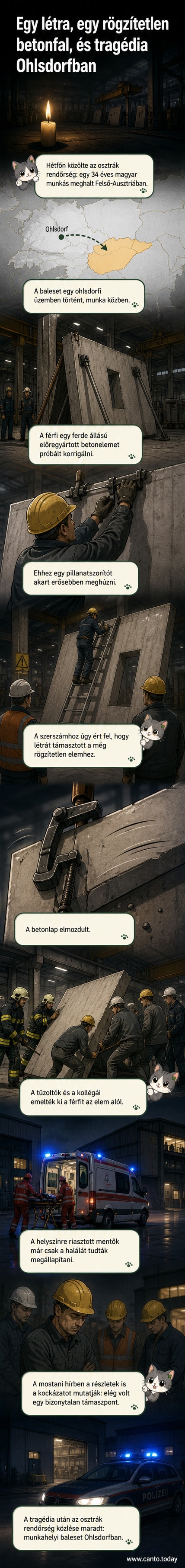 Egy építkezési helyszín, ahol egy betonelem mellett létra hever, a jelenet drámai hangulatot áraszt a baleset után.