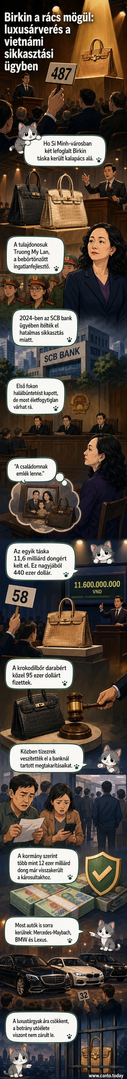 Két luxus Birkin táska mellett áll egy félig látható, börtönruhás alak, a háttérben vietnámi zászló és bankjegyek szállingóznak a levegőben.