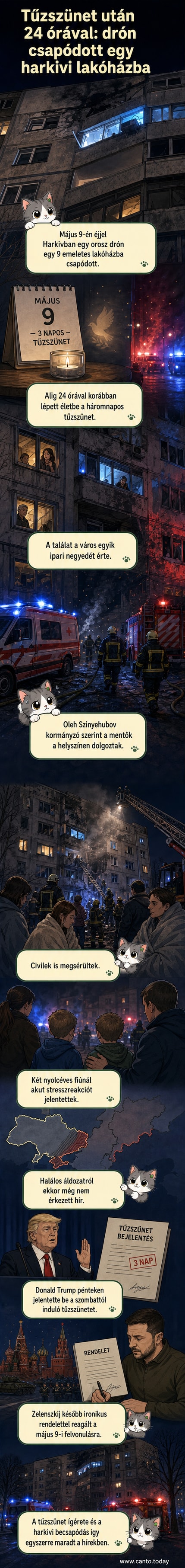 Sérült lakóház Harkivban, ahol orosz drón csapott le alig 24 órával a tűzszünet után, tűzoltók és mentők a helyszínen.