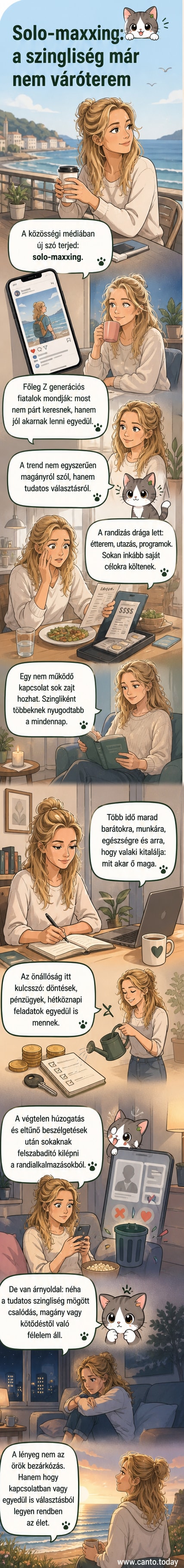 Fiatal nő mosolyogva ül egy tágas, világos szobában, körülötte könyvek, növények és laptop, a falon motiváló poszterek – egyensúlyos, független életet ábrázoló illusztráció.