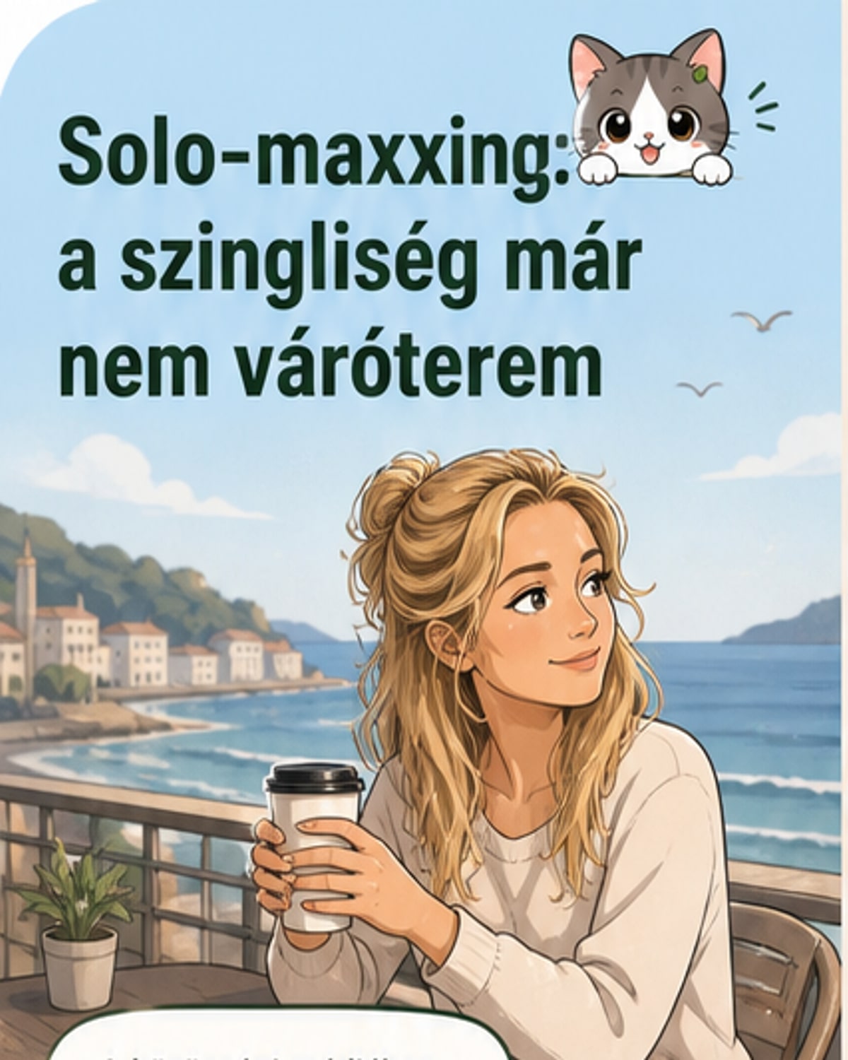Fiatal nő mosolyogva ül egy tágas, világos szobában, körülötte könyvek, növények és laptop, a falon motiváló poszterek – egyensúlyos, független életet ábrázoló illusztráció.