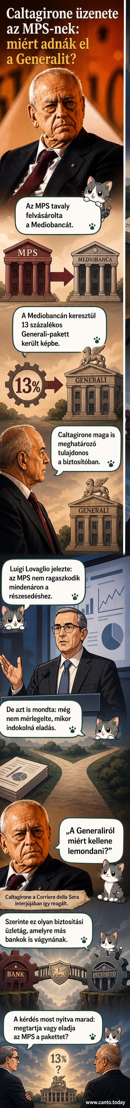 Olivero Caltagirone és Luigi Lovaglio portréképei mellett a Generali és az MPS logói láthatók, hátterükben pénzügyi grafikonokkal.
