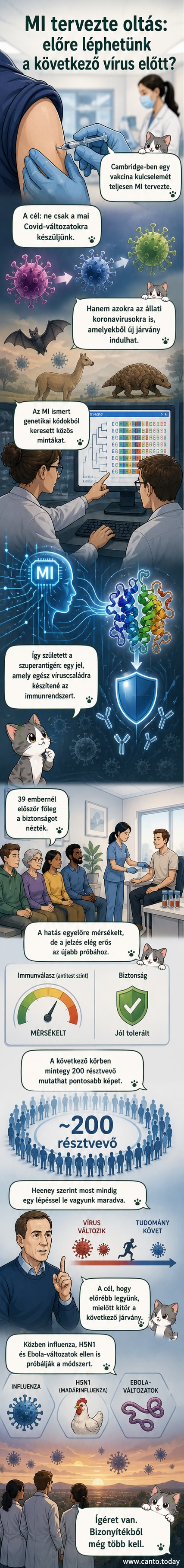 Illusztráció: mikroszkopikus koronavírus részecskék és egy emberi sejt körül keringő, fényleő, digitális hálózat, amely szimbolizálja a mesterséges intelligencia által tervezett vakcinát.
