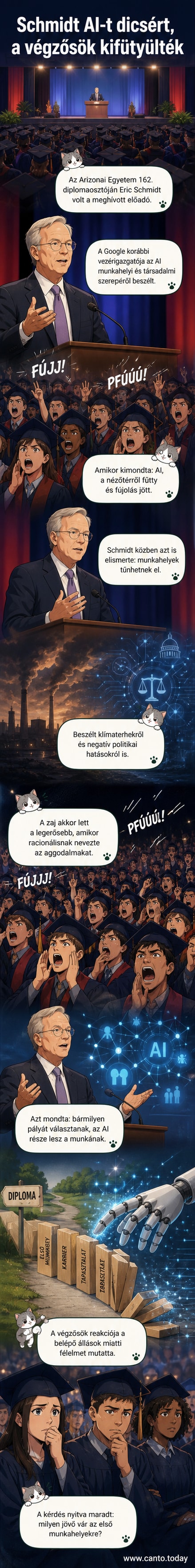 Eric Schmidt beszédet mond egy színpadon, mögötte diákok fütyülnek és fújolnak, a hangulat feszült.