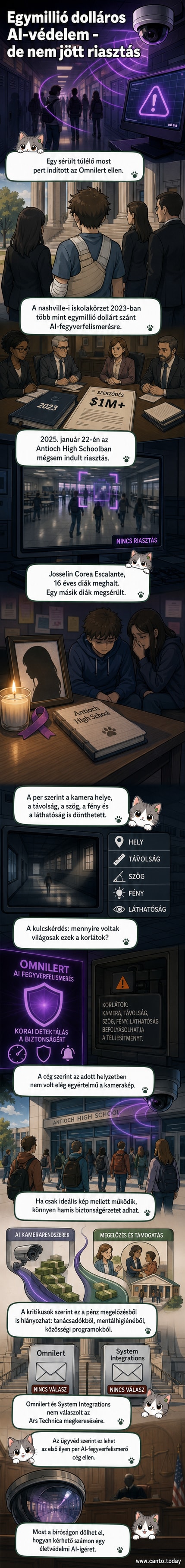 Egy iskolai folyosón kamerák irányulnak egy üres folyosóra, a kép sarkában piros AI riasztás helyett szürke 'nincs fenyegetés' ikon látható.