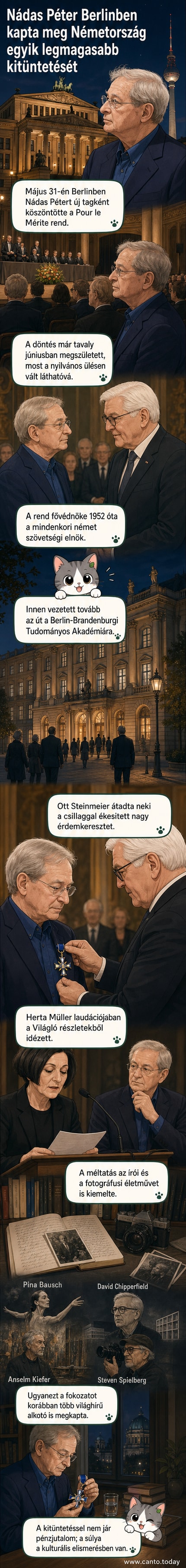 Nádas Péter író a Berlin-Brandenburgi Tudományos Akadémián, ahol átvette a német Érdemrend csillagos nagy érdemkeresztjét, mögötte szobor és oszlopok.