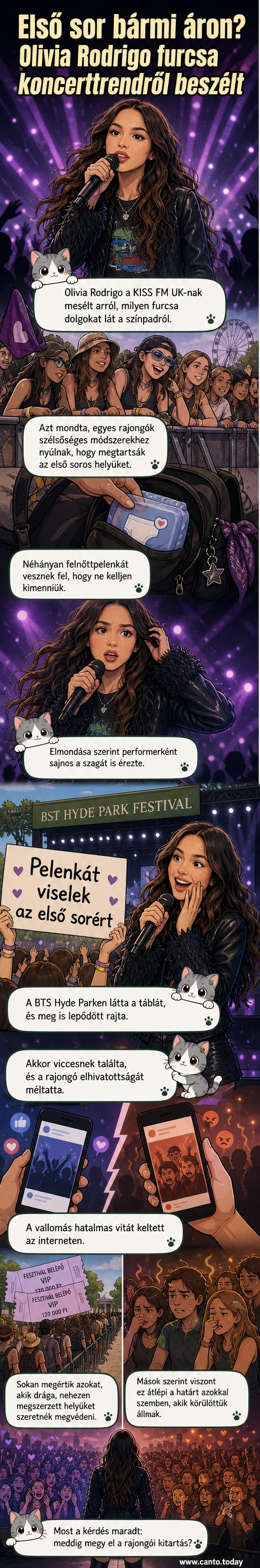 Olivia Rodrigo színpadon, mögötte rajongók transzparensen 'Pelenkát viselek az első sorért' felirattal