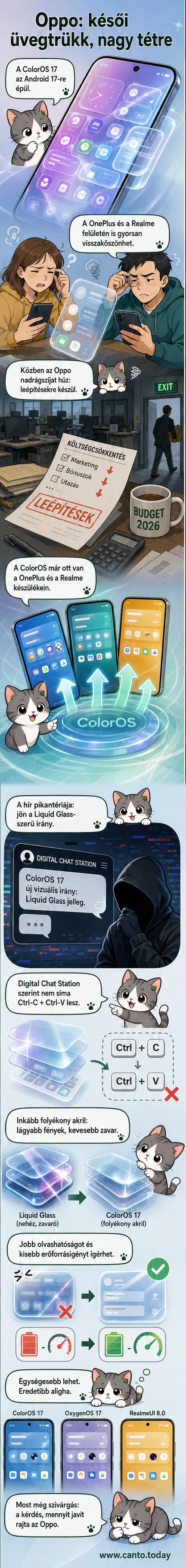 Stilizált mobilképernyők: bal oldalon iPhone Liquid Glass dizájnnal, jobb oldalon Oppo ColorOS 17 változata, hasonló de lágyabb effekttel.