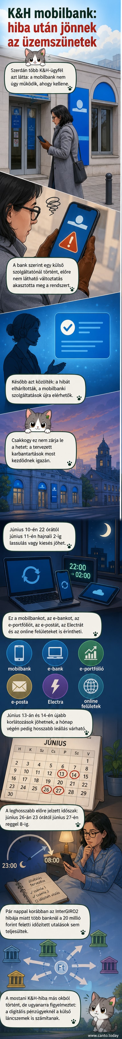K&H Bank mobilalkalmazás ikonja piros hibaüzenettel, hátterében digitális hálózati szálak szakadásával