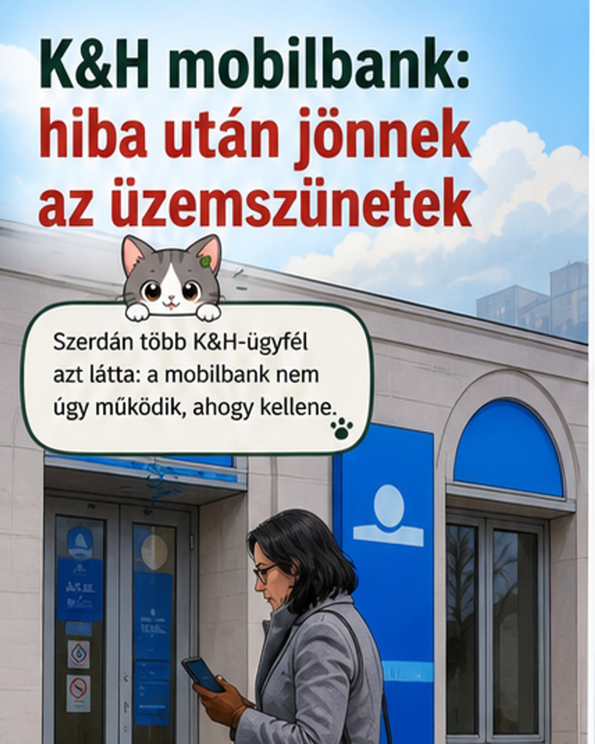 K&H Bank mobilalkalmazás ikonja piros hibaüzenettel, hátterében digitális hálózati szálak szakadásával