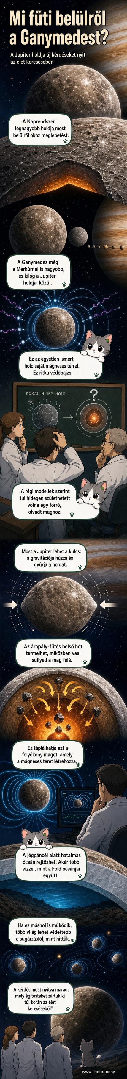 Művészi ábrázolás a Ganymedes holdról, amelyen jégpáncél és belső óceán látható, alatta olvadt mag, és mágneses mező körvonalai rajzolódnak ki a környező űrben.