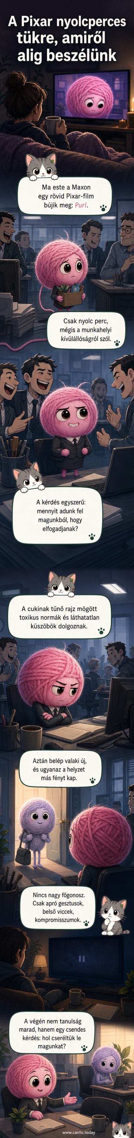Pixar-stílusú rózsaszín fonalgombolyag áll egy szürke, szögletes irodában, körülötte szigorú öltönyös karakterekkel, miközben lassan saját formáját veszti el, hogy hasonlítson rájuk