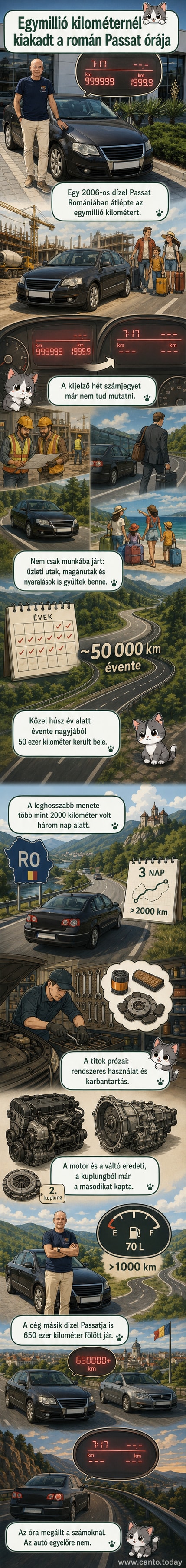 Egy 2006-os Volkswagen Passat B6 típusú szedán, amelynek a műszerfala vízszintes vonalakat mutat a kilométerszámláló helyén, mert elérte az egymillió kilométert.