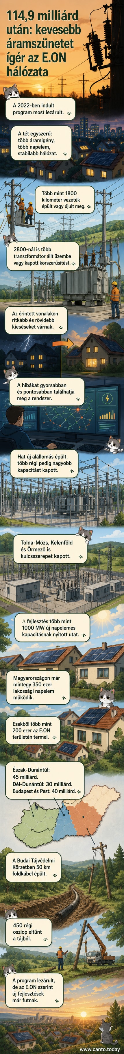 Modern, zöldtetős alállomás mellett munkások állnak, a háttérben új hálózati oszlopok és kábelek láthatók.