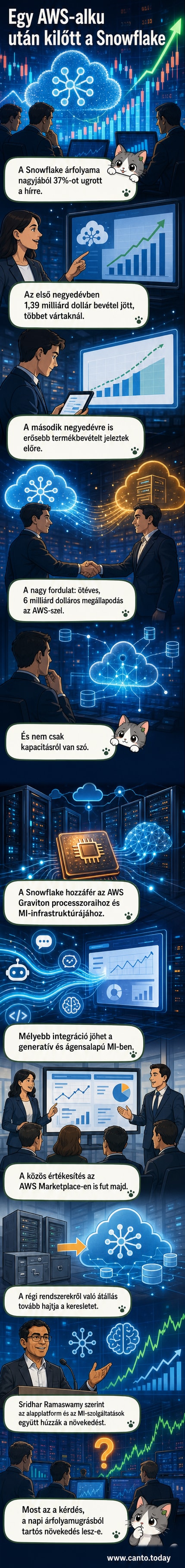 Két techvállalat logója – Snowflake és AWS – összekapcsolódó adatáramlásokkal, a háttérben növekvő részvényárfolyam-gráffal.