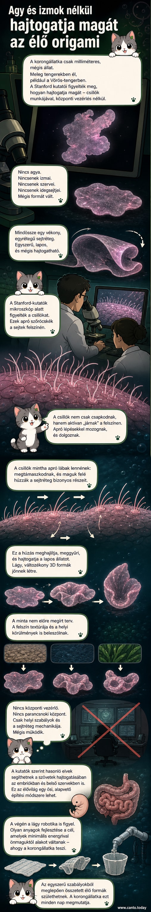 Animált webtoon-ábrán egy korongállatka alakul át sima lapos formából összegyűrt, háromdimenziós alakzattá, miközben apró csillók mozgását mutatják nyilakkal a sejtfelületen.